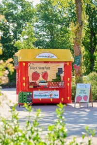 Hornbrooker Erdbeerstand Erdbeerstand im Stile einer Erdbeere mit gelbem Dach