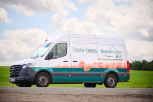 Hornbrooker Eier-Sprinter Weißer Lieferwagen mit Eiern und grünem Streifen unten